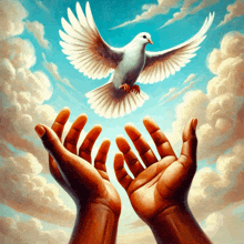 a painting of two hands reaching out towards a white dove in the sky