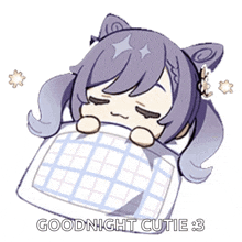 a cartoon of a girl sleeping under a blanket with the words goodnight cutie : 3 below her