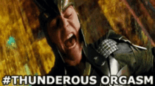 a man in a superhero costume is screaming with the words thunderous orgasm below him