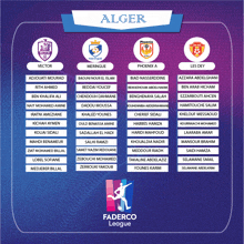 a poster for the faderco league shows the teams playing in alger