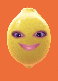 a lemon with a smiley face on it against an orange background