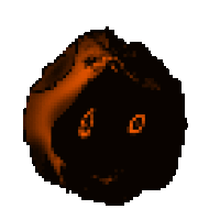 a pixel art drawing of a black object with orange eyes .