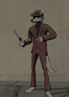 a drawing of a wolf wearing a suit and hat holding a knife