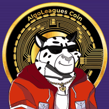 a cheetah wearing sunglasses stands in front of a gold coin that says algoleagues coin