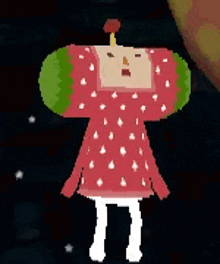 a pixel art drawing of a strawberry with a flower on her head and a strawberry dress .