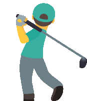 a man in a blue shirt is swinging a golf club at a ball