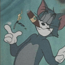 tom from tom and jerry is smoking a cigar while giving a peace sign .