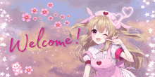 a girl in a pink nurse outfit is surrounded by pink flowers and stars and the words welcome