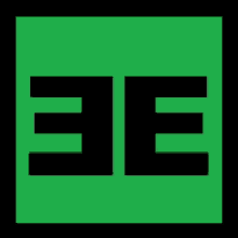 a black letter e is on a green square