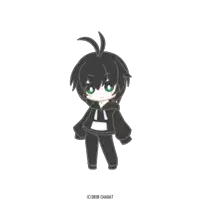 a drawing of a boy with a black hoodie and green eyes