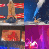 a collage of four pictures shows a woman laying on the floor