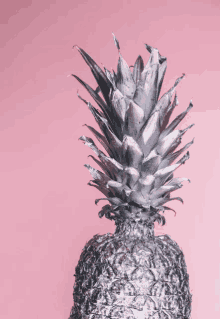 a silver pineapple on a pink background with leaves