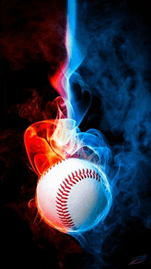 a baseball is surrounded by red and blue smoke on a black background