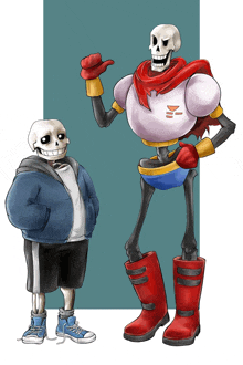 a drawing of two skeletons standing next to each other with one wearing a hoodie and shorts