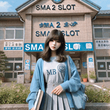 a girl stands in front of the sma 2 slot building