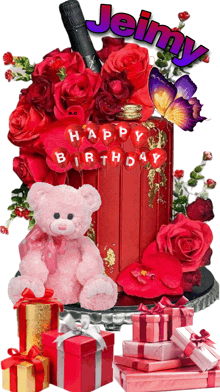 a pink teddy bear sits in front of a cake that says jeimy