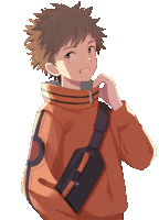 a drawing of a boy wearing an orange jacket and a black bag around his waist