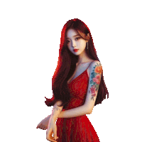 a girl in a red dress has a tattoo on her arm