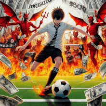 a soccer player kicks a soccer ball surrounded by devils and a banner that says " musurisbula "