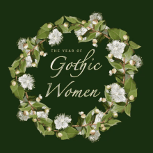 a wreath of white flowers and green leaves with the year of gothic women