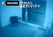 a woman in a white dress is standing in a room with the words whore thermal activity written above her