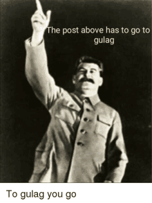 a black and white photo of a man with a mustache pointing up with the caption " the post above has to go gulag "