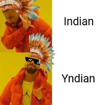 a man wearing a native american headdress and sunglasses is next to another man wearing sunglasses .