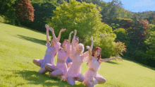 a group of girls in pink dresses are sitting on a grassy hill with their arms in the air .