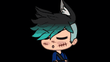 a cartoon drawing of a boy with blue hair