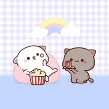 a cartoon cat is sitting on a bean bag chair eating popcorn while another cat holds a cup of coffee .