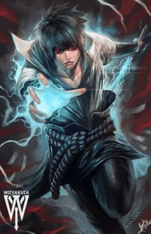 a painting of sasuke uchiha from naruto holding a lightning bolt in his hands .