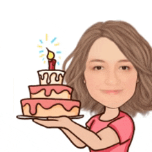 a cartoon of a woman holding a birthday cake with a lit candle .