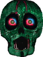 a green skull with red and blue eyes and a mouth