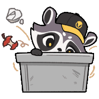 a cartoon drawing of a raccoon wearing a hat with the letter v on it