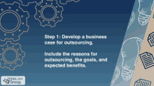 a blue background with gears and a light bulb with the words develop a business case for outsourcing