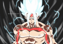 a drawing of a man with white hair and lightning behind him with mahnster art on the bottom