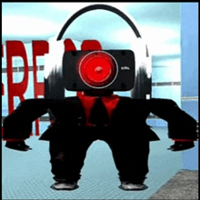 a robot with a camera on his head and headphones on his head .