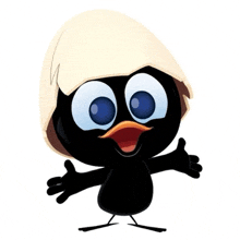 a black cartoon bird with a white egg on its head .