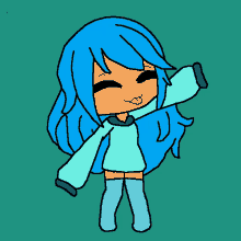 a drawing of a girl with blue hair wearing a blue sweater