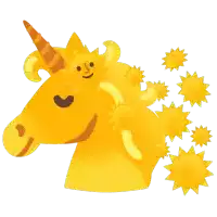 an illustration of a yellow unicorn with a smiling sun on its head