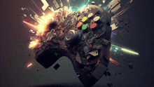 a video game controller is being destroyed by a explosion