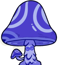 a cartoon drawing of a purple mushroom with hypnotic eyes and a long stem