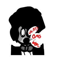 a black and white cartoon character with speech bubbles saying what omg wow