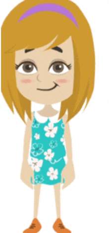 a cartoon girl wearing a blue dress with white flowers