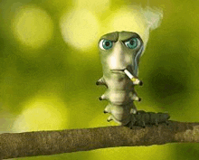 a cartoon caterpillar is smoking a cigarette while sitting on a branch .