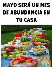 a table full of fruit with the words mayo sera un mes de abundancia en tu casa on the bottom