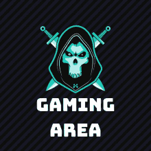 a gaming area logo with a skull in a hood