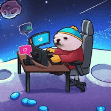 a cartoon of a polar bear sitting at a desk with a computer