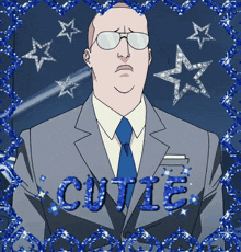 a picture of a man in a suit and tie with the word cutie in blue letters