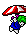 a pixel art of a person holding a red and white mushroom .